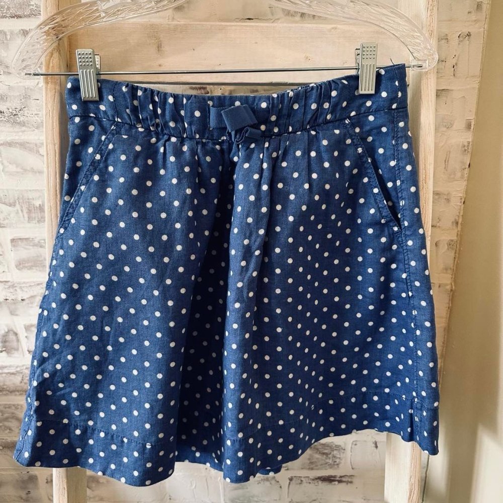 J. Crew Women's Blue Polka Dot Skirt Size 0 Linen Cotton Lined Pockets Pull On